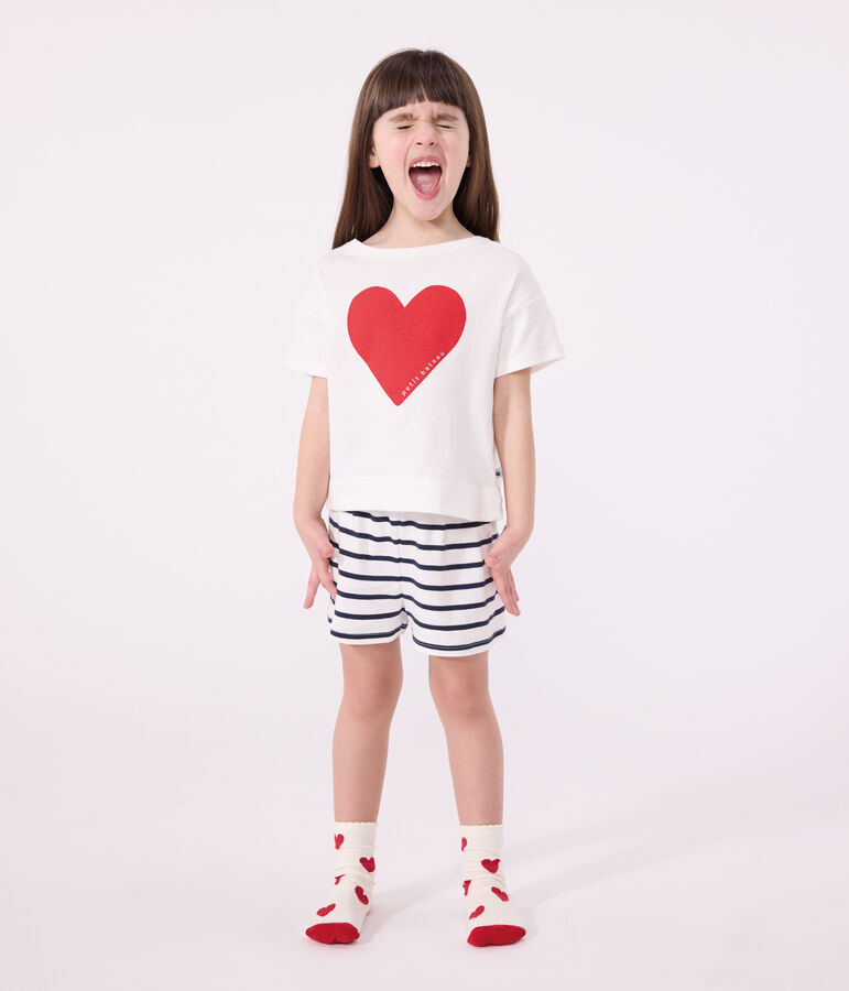 Pijama corto infantil de algod&oacute;n con estampado de corazones blanco/azul
