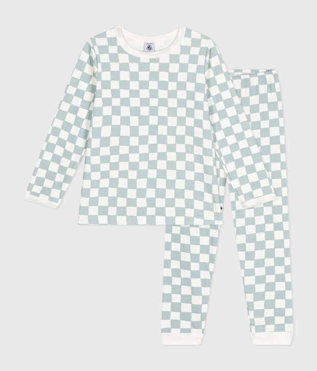 Pijama infantil de algod&oacute;n con estampado de damero blanco/verde