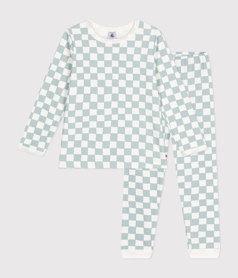 Pijama infantil de algod&oacute;n con estampado de damero blanco/verde
