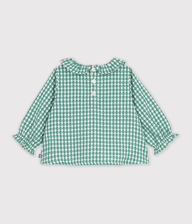 Blusa de algod&oacute;n de manga larga con estampado vichy con corazones para beb&eacute; verde/blanco