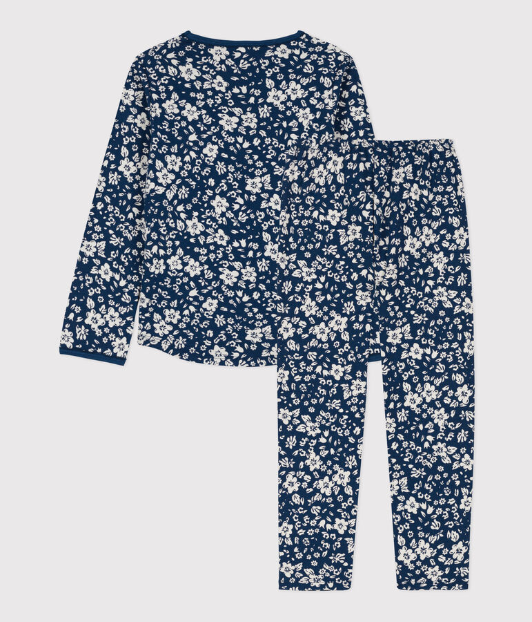 Pijama de algod&oacute;n con flor para ni&ntilde;a azul/blanco