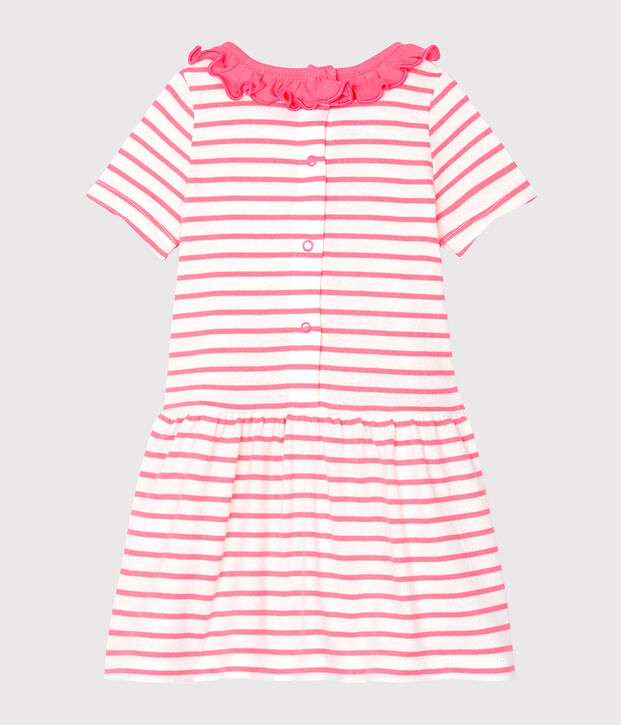 Vestido de rayas con collar&iacute;n para beb&eacute; ni&ntilde;a blanco/rosa