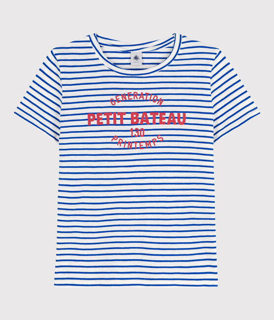 La camiseta RECTA de algodón con cuello redondo para mujer blanco MARSHMALLOW/azul PERSE