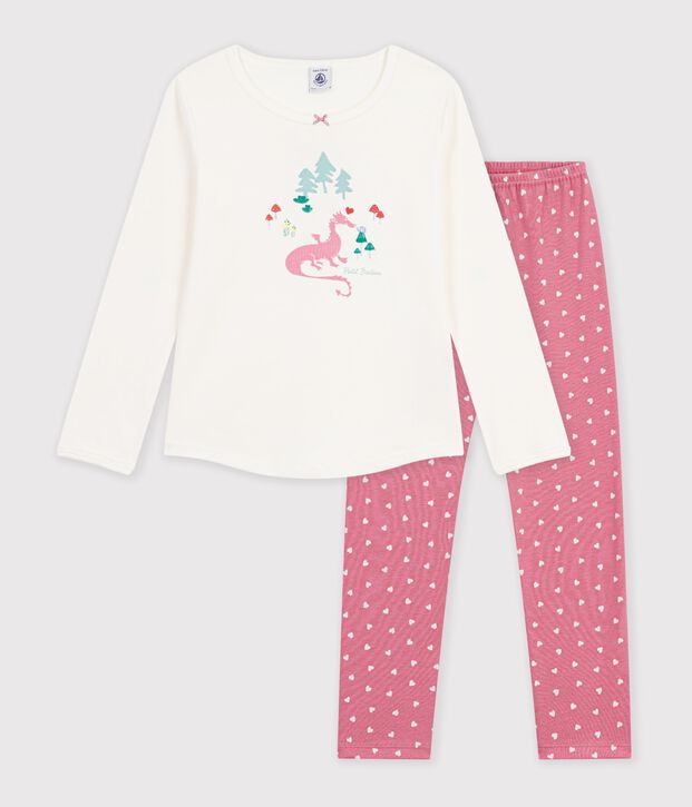 Pijama infantil de algod&oacute;n con estampado de dragones rosa/blanco