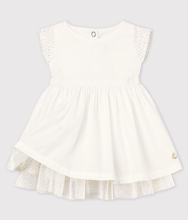 Vestido de celebraci&oacute;n de popelina y tul de beb&eacute; ni&ntilde;a blanco