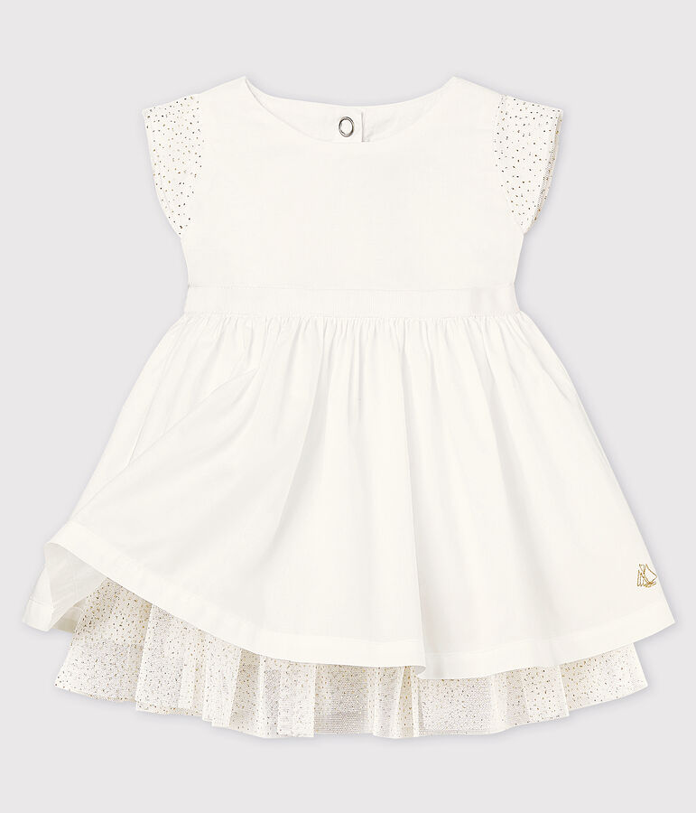 Vestido de celebraci&oacute;n de popelina y tul de beb&eacute; ni&ntilde;a blanco