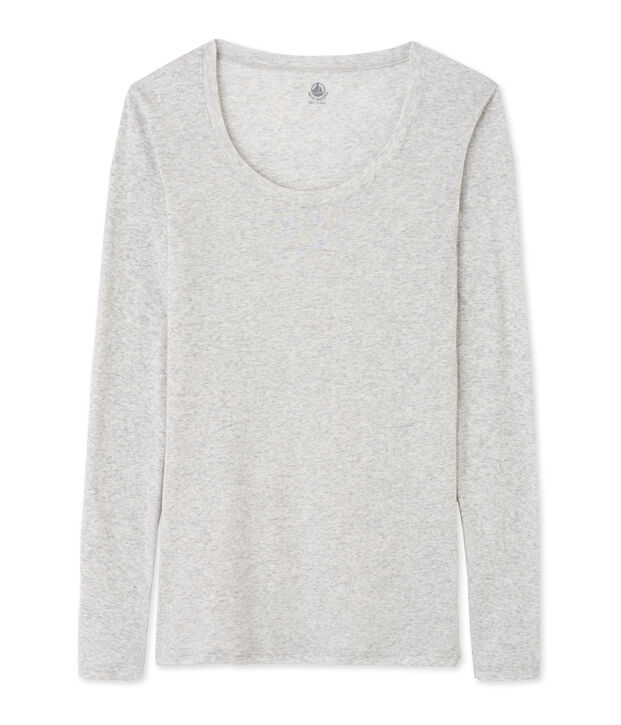 T-shirt femme manches longues col danseuse en coton l&eacute;ger gris