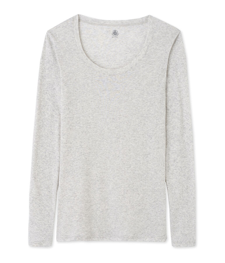 T-shirt femme manches longues col danseuse en coton l&eacute;ger gris