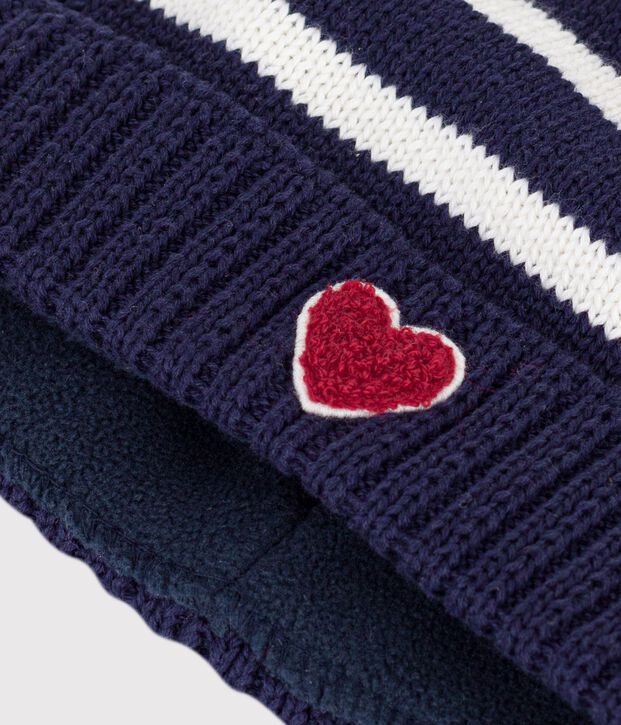Gorro de punto tricotado a rayas con forro polar para beb&eacute; azul/crudo