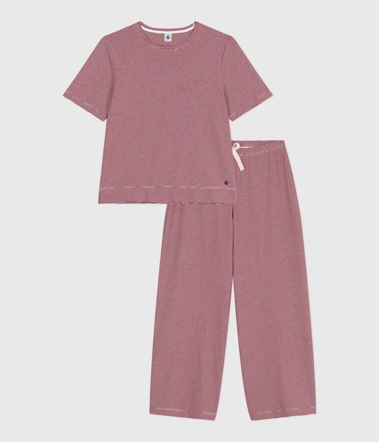 Pijama de manga corta y pernera ancha de algod&oacute;n a rayas para mujer rojo/blanco