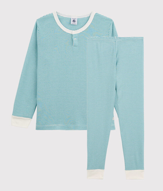Pijama a rayas de niña/niño algodón y lyocell azul MIROIR/blanco MARSHMALLOW