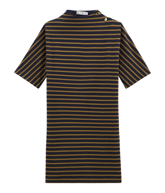 Vestido para mujer a rayas de manga corta en jersey grueso azul SMOKING/marron BRINDILLE