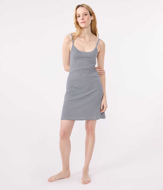 Camisón de algodón a rayas para mujer azul SMOKING/blanco MARSHMALLOW