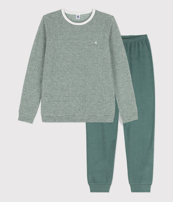 Pijama de algodón milrayas para niño/niña verde VALLEE/blanco MARSHMALLOW
