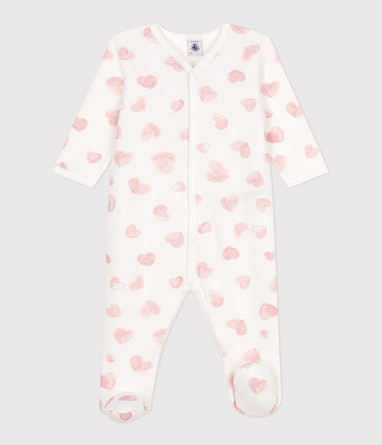 Pijama de felpa cepillada con cuello estampado de corazones para bebé blanco MARSHMALLOW/rosa CHARME