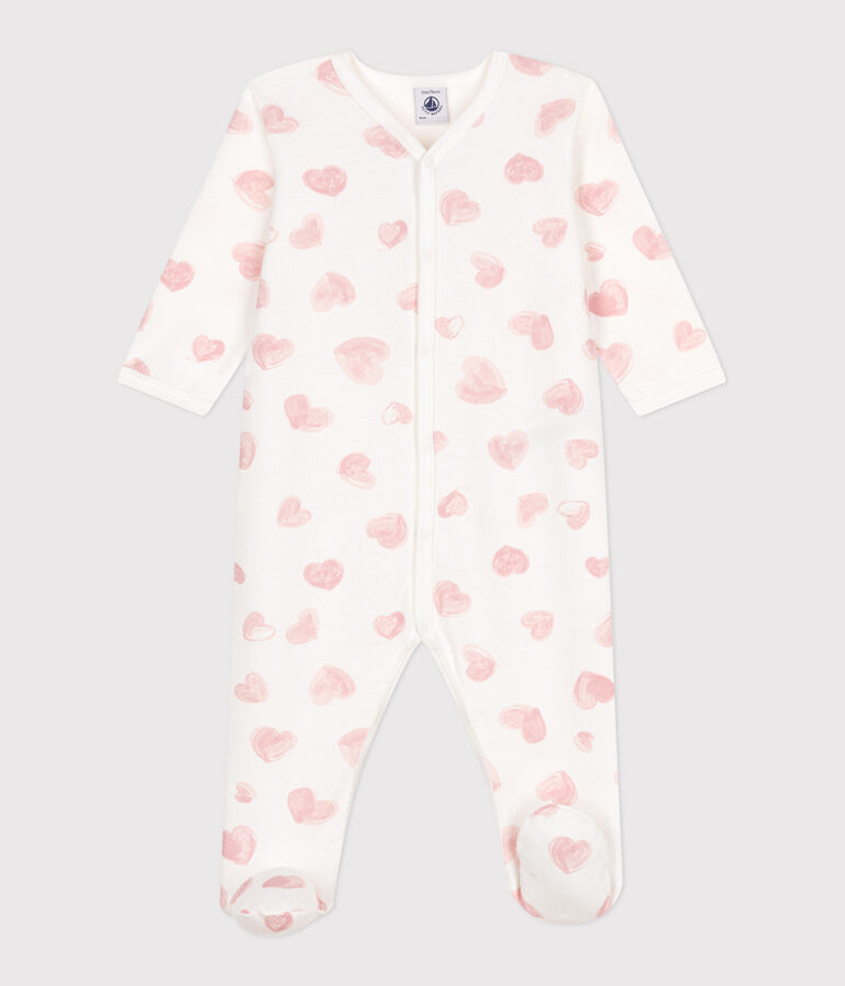 Pijama de felpa cepillada con cuello estampado de corazones para beb&eacute; blanco/rosa