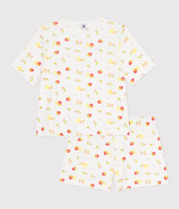 Pijama de manga corta para mujer en algod&oacute;n con estampado de frutas blanco/multicolor