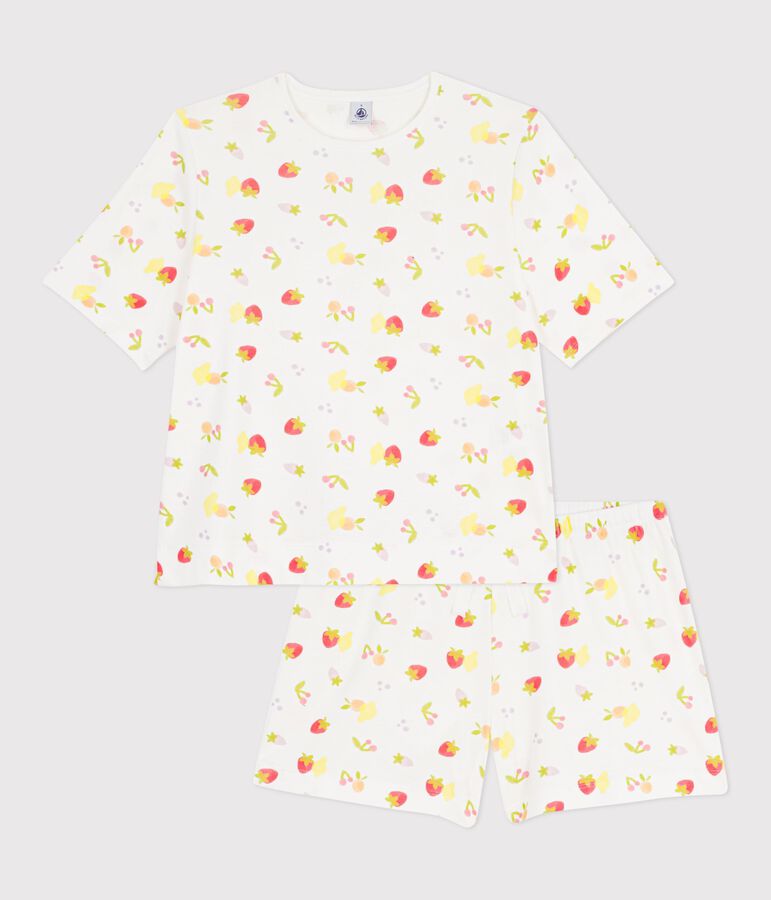 Pijama de manga corta para mujer en algod&oacute;n con estampado de frutas blanco/multicolor