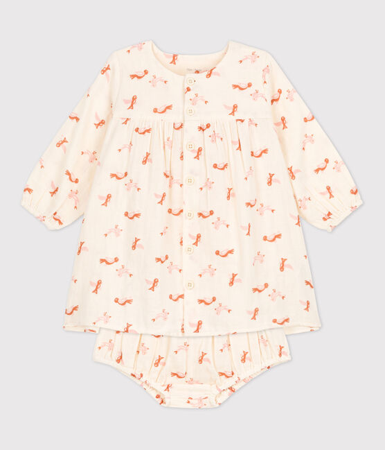 Vestido y ranita de bebé con estampado de pájaros de gasa de algodón blanco AVALANCHE/ MULTICO