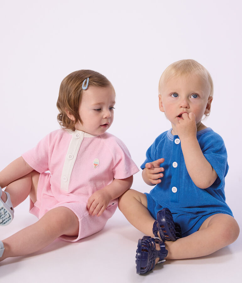 Pelele corto de algod&oacute;n liso para beb&eacute; rosa