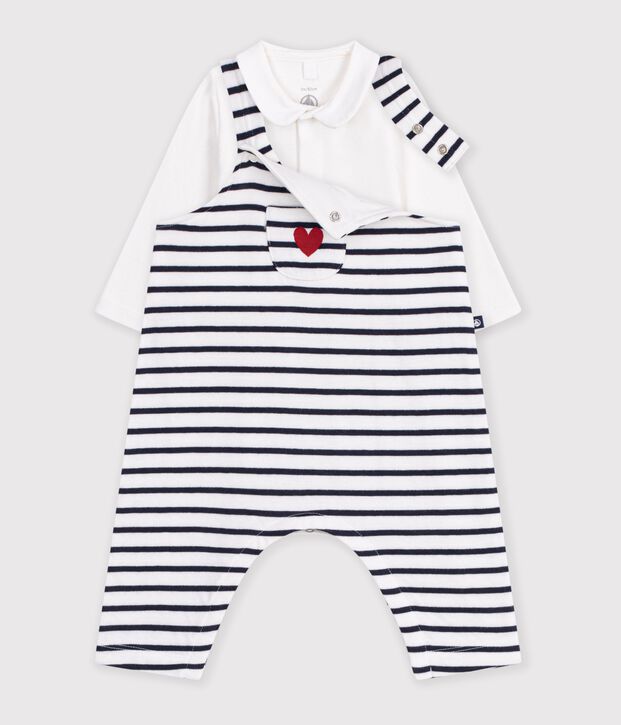Conjunto de peto y body de algod&oacute;n con cuello a rayas para beb&eacute; blanco/azul