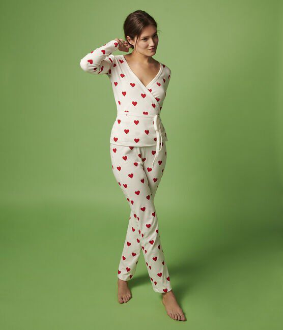 Pantalón corto de pijama de algodón de corazones de mujer blanco MARSHMALLOW/rojo TERKUIT