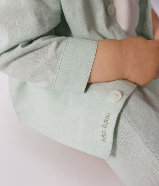 Camisa lisa de algod&oacute;n/lino de manga larga para beb&eacute; verde