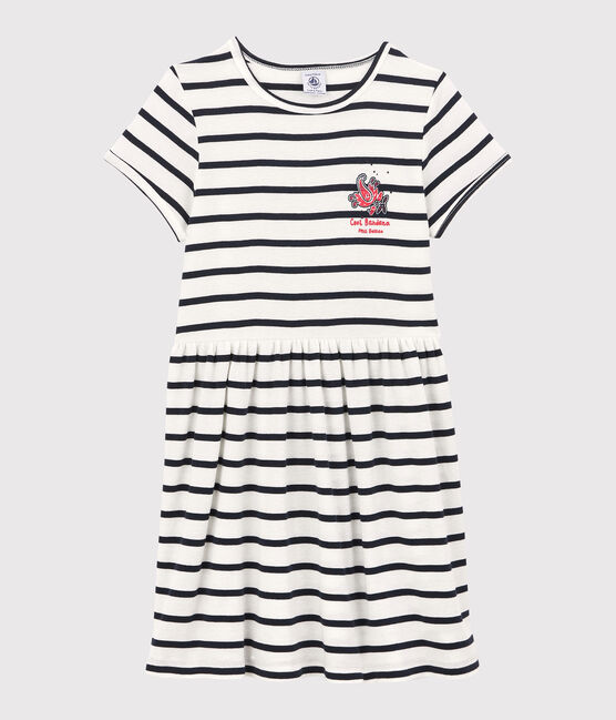 Vestido de manga corta de algodón orgánico de niña blanco MARSHMALLOW/azul SMOKING