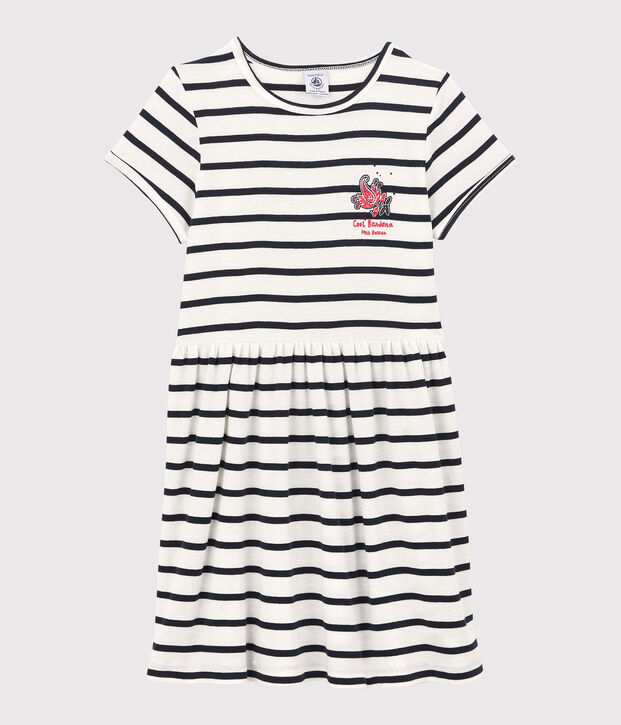 Vestido de manga corta de algod&oacute;n org&aacute;nico de ni&ntilde;a blanco/azul