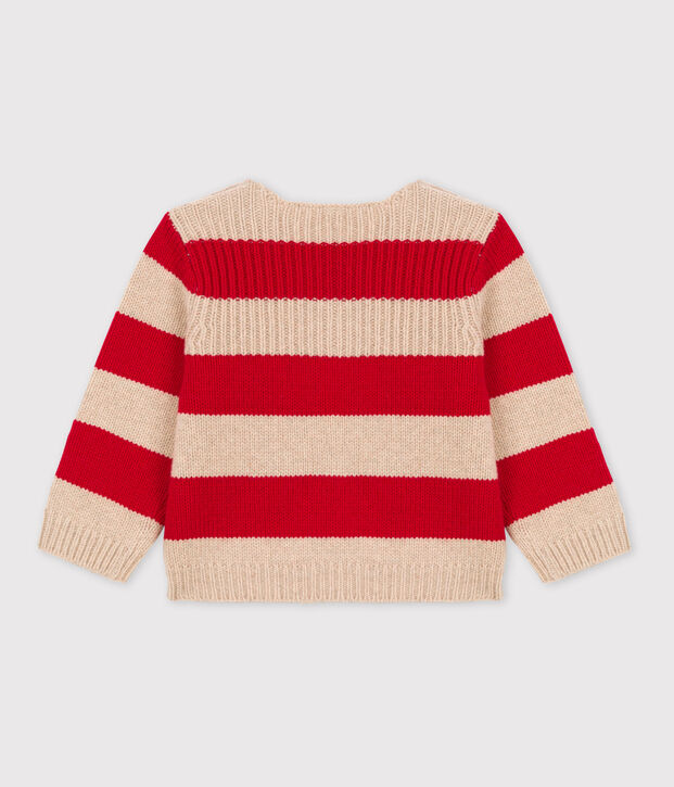 Jersey de punto tricotado de lana y algod&oacute;n a rayas para beb&eacute; beige/rojo