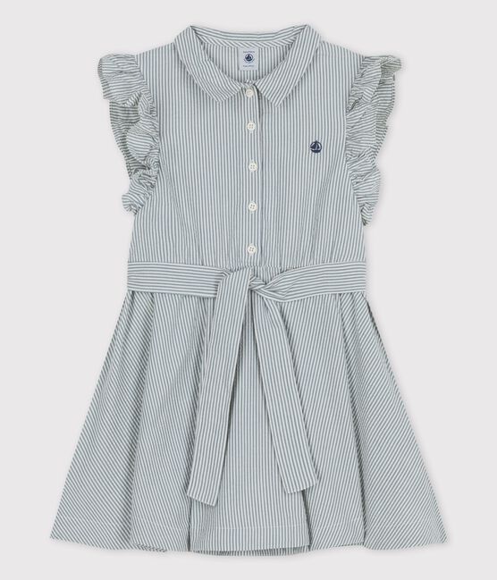 Vestido sin mangas de tejido milrayas orgánico para niña azul BRUT/blanco MARSHMALLOW
