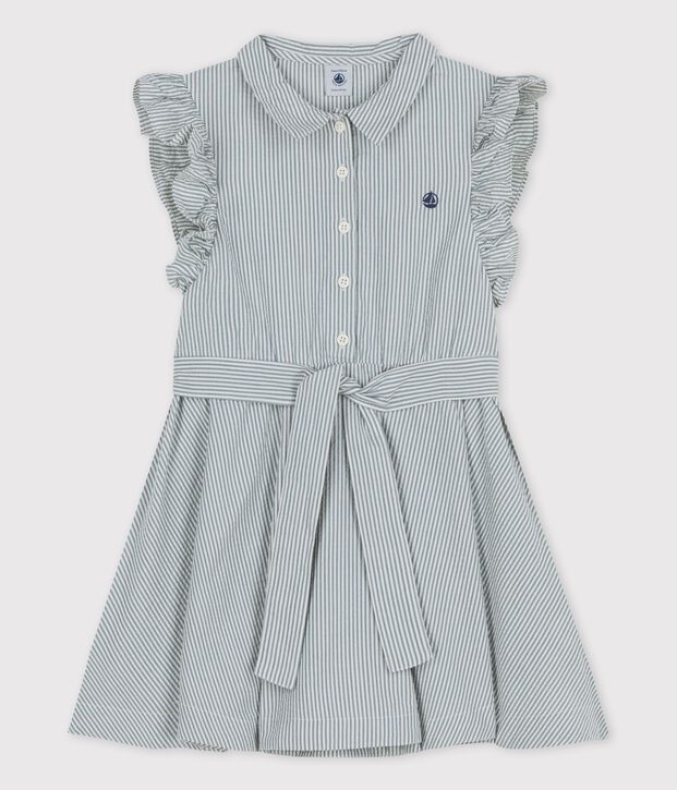 Vestido sin mangas de tejido milrayas org&aacute;nico para ni&ntilde;a verde/blanco
