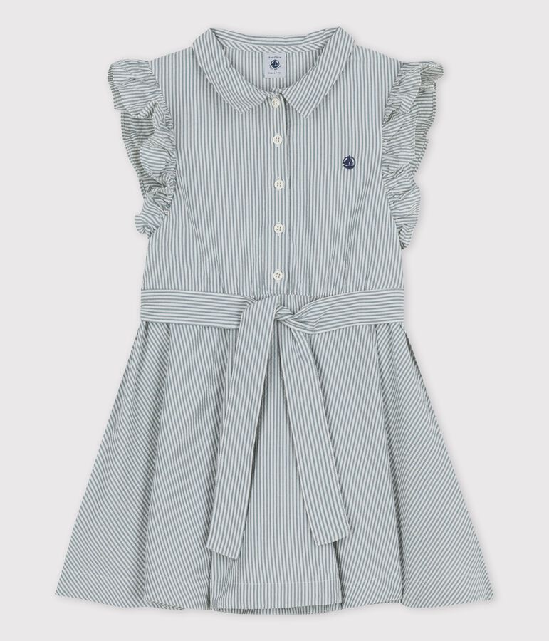 Vestido sin mangas de tejido milrayas org&aacute;nico para ni&ntilde;a azul BRUT/blanco MARSHMALLOW