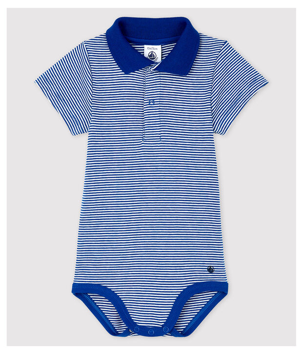 Body de cuello polo de algod&oacute;n y manga corta de beb&eacute; ni&ntilde;o azul/blanco