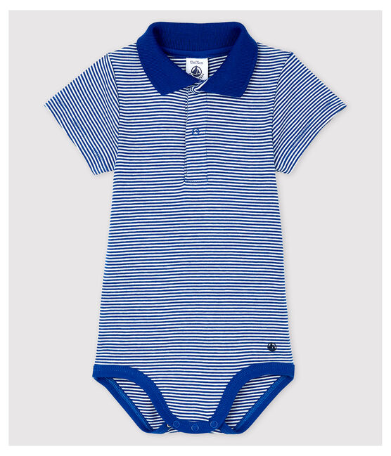 Body de cuello polo de algodón y manga corta de bebé niño azul SURF/blanco MARSHMALLOW
