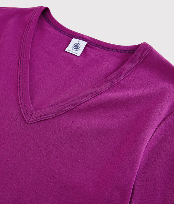 Camiseta de cuello de pico emblemática de algodón de mujer violeta HIBISCUS