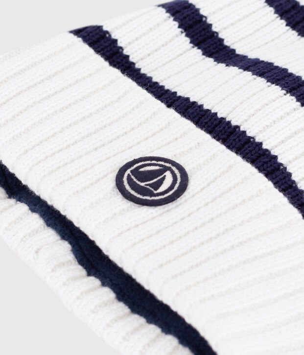 Gorro infantil de punto tricotado a rayas con forro polar azul/azul