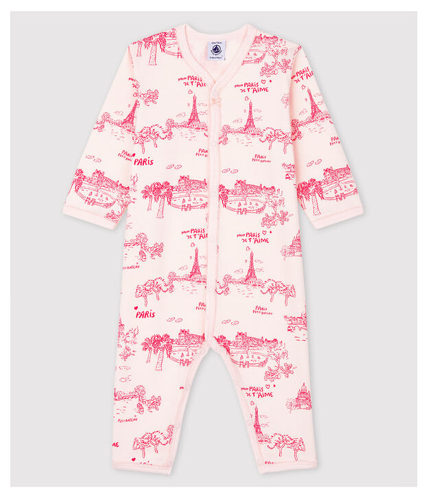 Pijama enterizo sin pies en tela de Jouy rosa de beb&eacute; ni&ntilde;a de algod&oacute;n rosa/rosa
