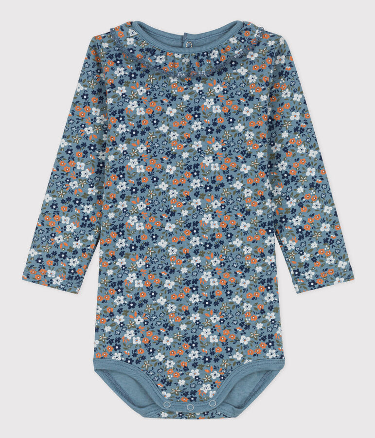 Body de algod&oacute;n de manga larga con cuello isabelino y estampado de flores para beb&eacute; azul/multicolor
