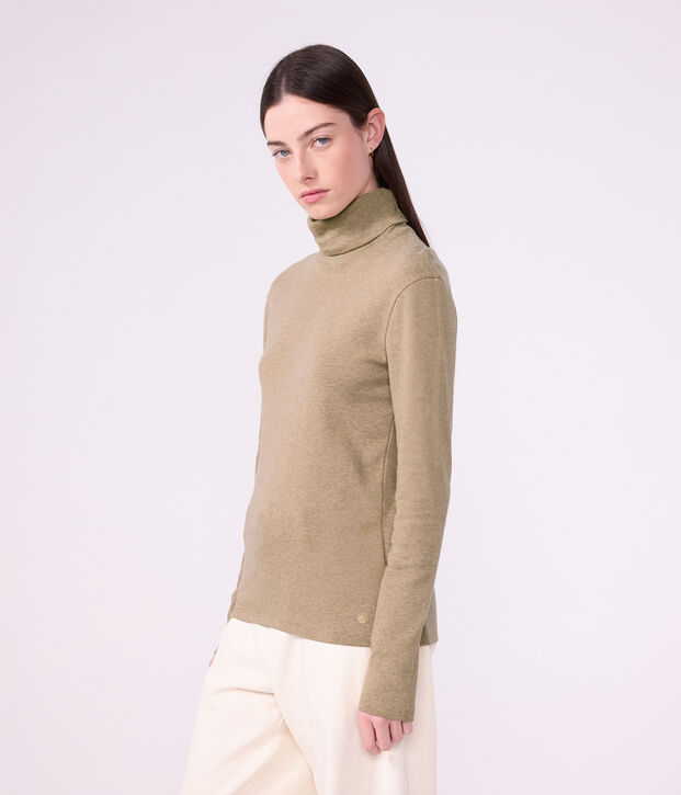 Camiseta lisa de cuello alto de algod&oacute;n para mujer beige