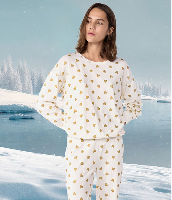 Pijama de algodón con estampado de corazones dorados para mujer MILK/ DORE