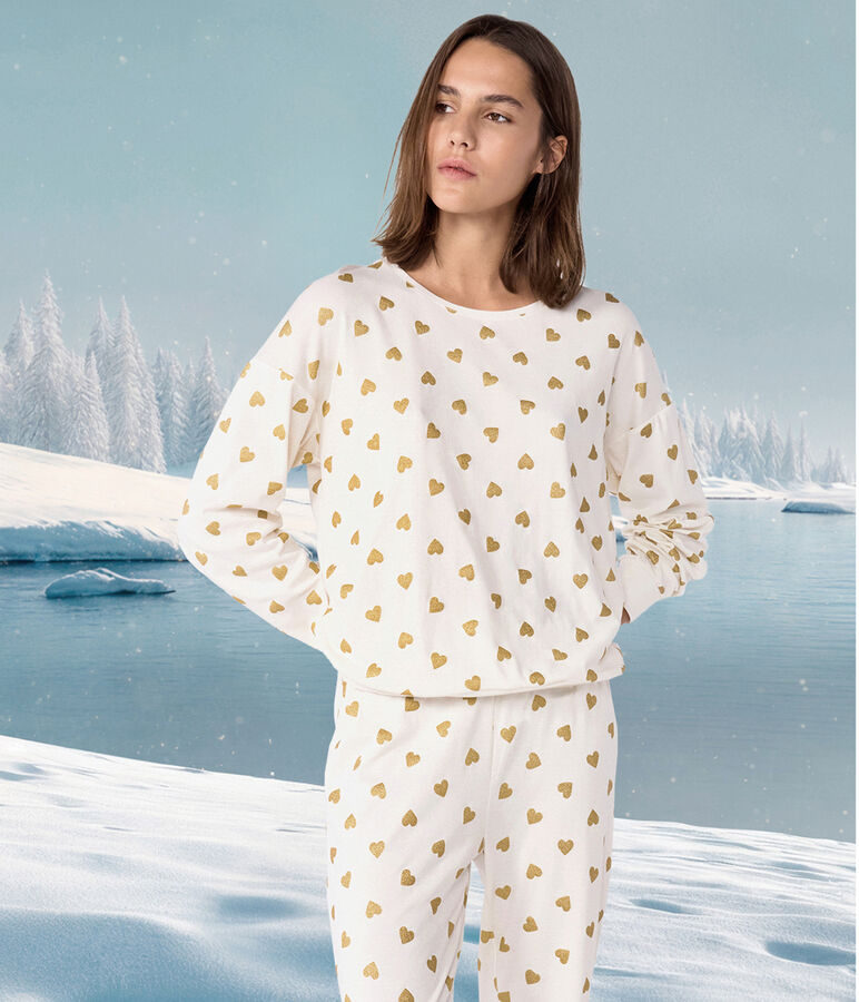 Pijama de algod&oacute;n con estampado de corazones dorados para mujer crudo/amarillo
