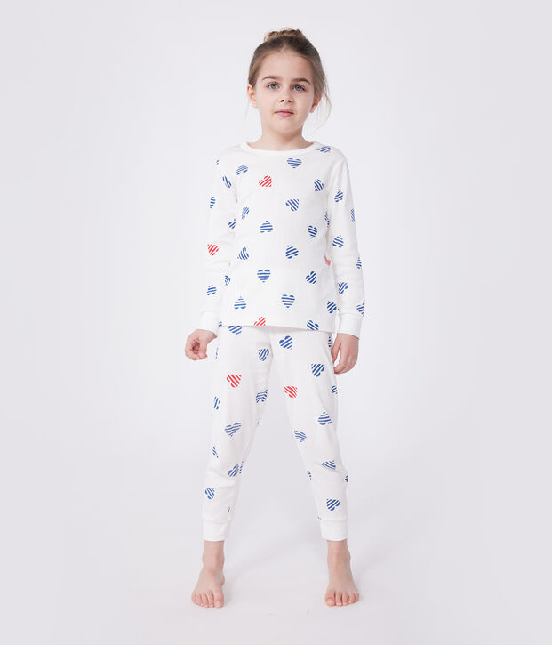 Pijama infantil de manga larga de algod&oacute;n con estampado de corazones blanco/multicolor