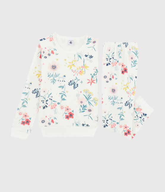 Pijama con flores de niña de terciopelo blanco MARSHMALLOW/blanco MULTICO