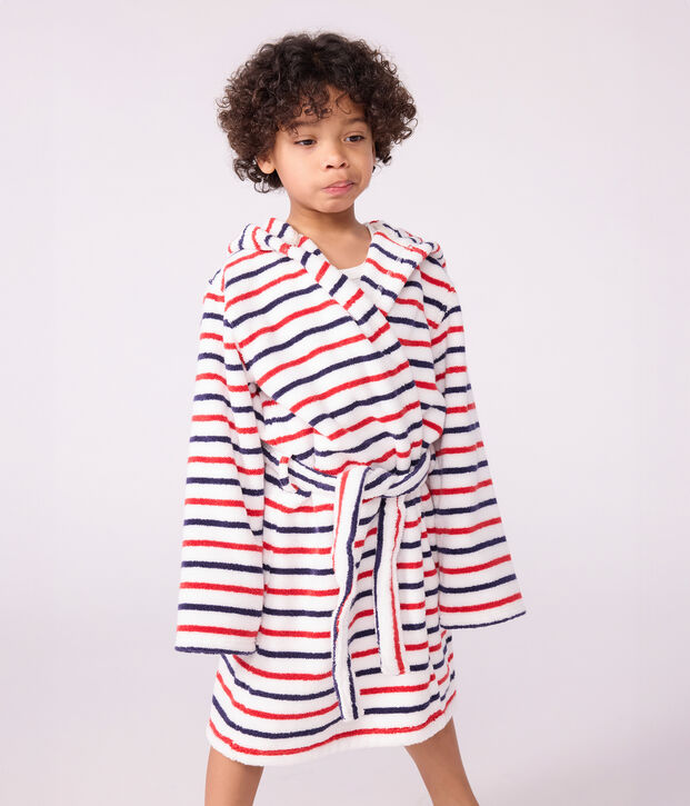 Albornoz infantil de rizo de algod&oacute;n a rayas blanco/multicolor