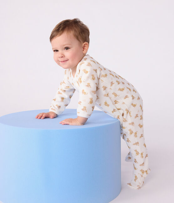 Pijama de terciopelo con estampado de leopardos para bebé blanco MARSHMALLOW/blanco MULTICO