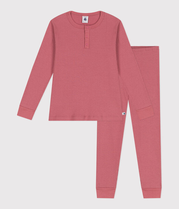 Pijama infantil liso de manga larga de algod&oacute;n rosa