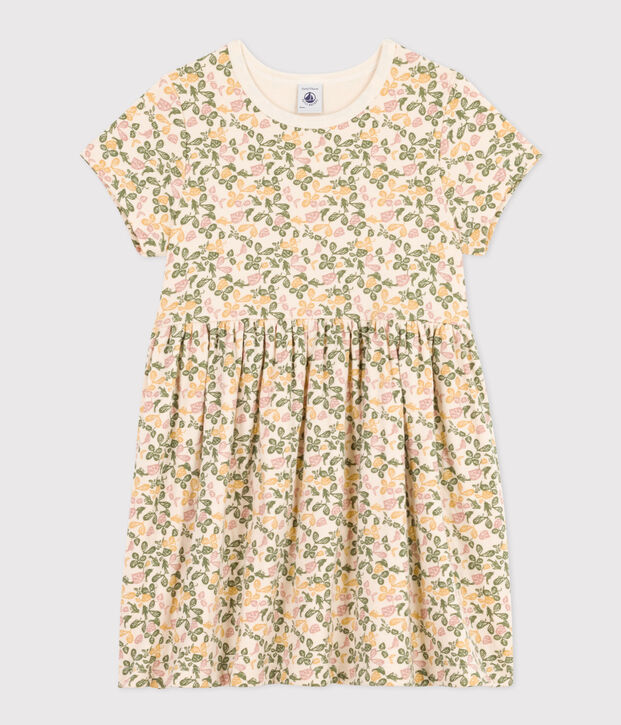 Vestido estampado de manga corta de algod&oacute;n para ni&ntilde;a crudo/multicolor