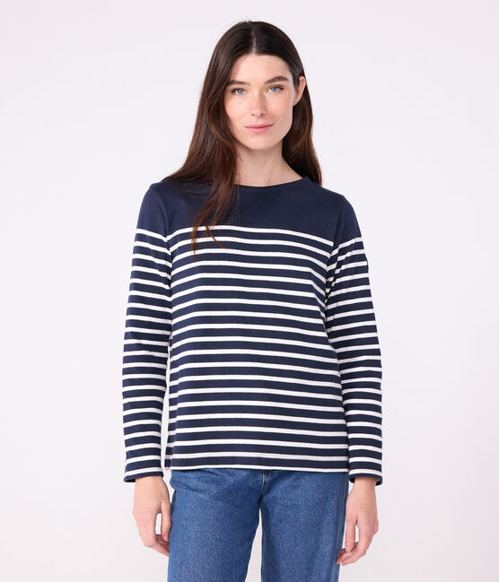 Marinera de algodón de manga larga para mujer azul SMOKING/blanco MARSHMALLOW