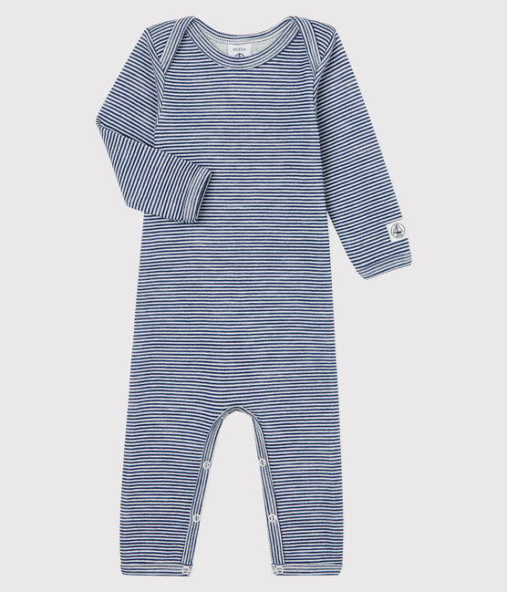 Bodi largo de lana y algodón a rayas para bebé azul MEDIEVAL/blanco MARSHMALLOW